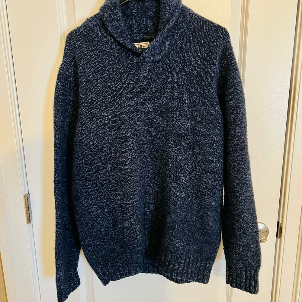 LL Bean 100% Lambswool Blue Tweed Knit Shawl Collar , Elbow Patch Sweater LT